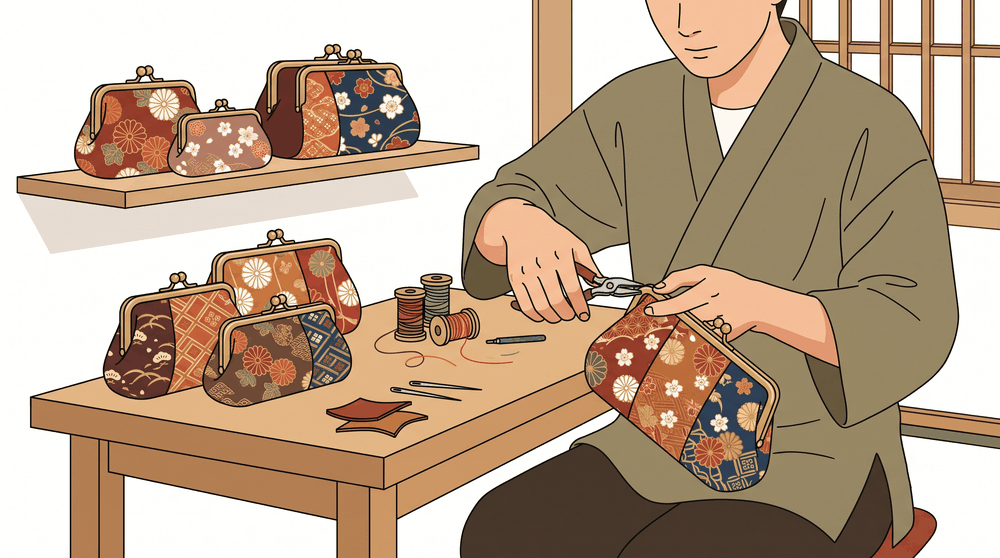 西陣織やちりめんの美しい和柄がま口財布と、職人が口金を打ち込む手仕事のイメージイラスト