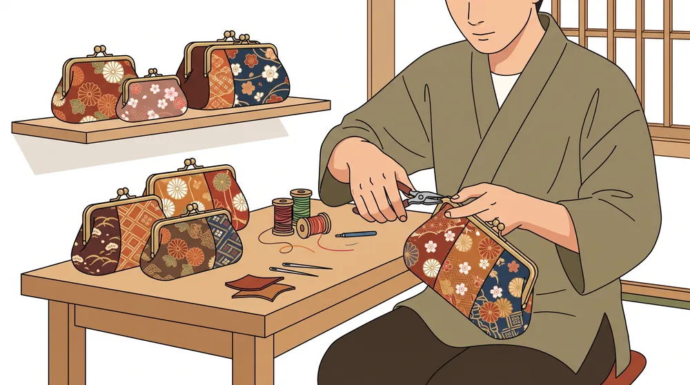 西陣織やちりめんの美しい和柄がま口財布と、職人が口金を打ち込む手仕事のイメージイラスト