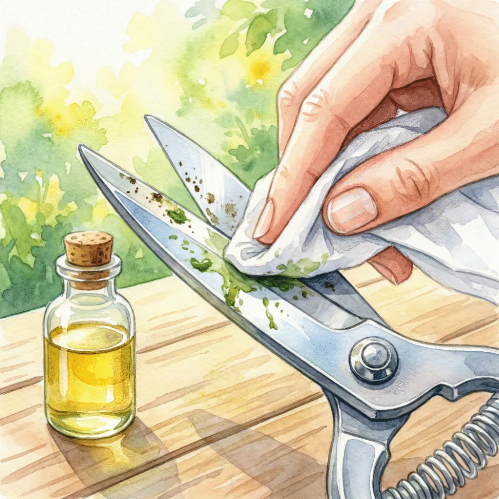 ハサミの刃についた汚れをクリーナーで拭き取っているメンテナンスのイラスト