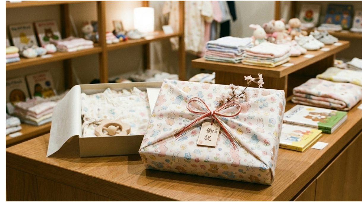 丁寧にラッピングされた日本製のベビーギフト