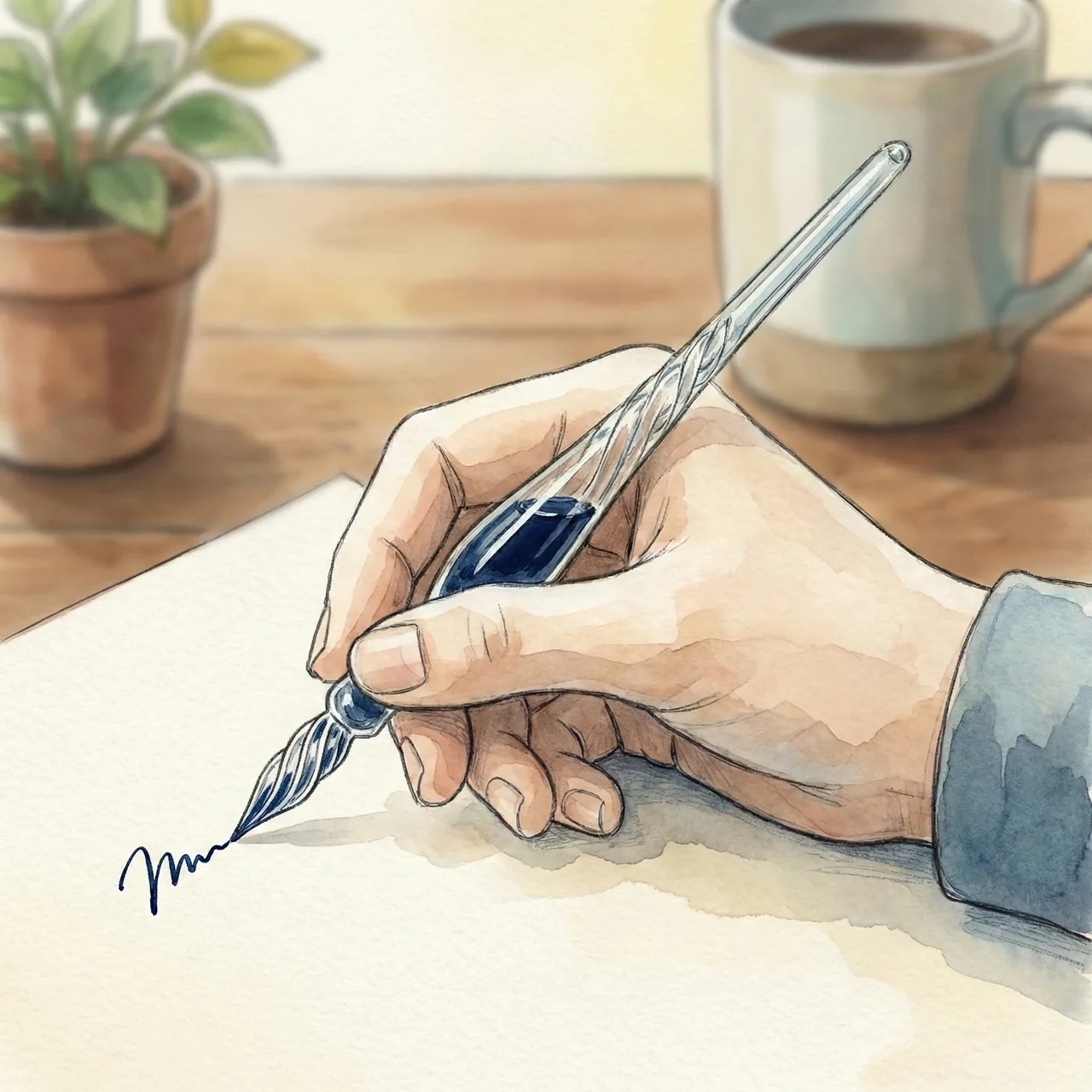 ガラスペンを正しい角度（45度〜60度）で持って紙に書いている横顔のイラスト