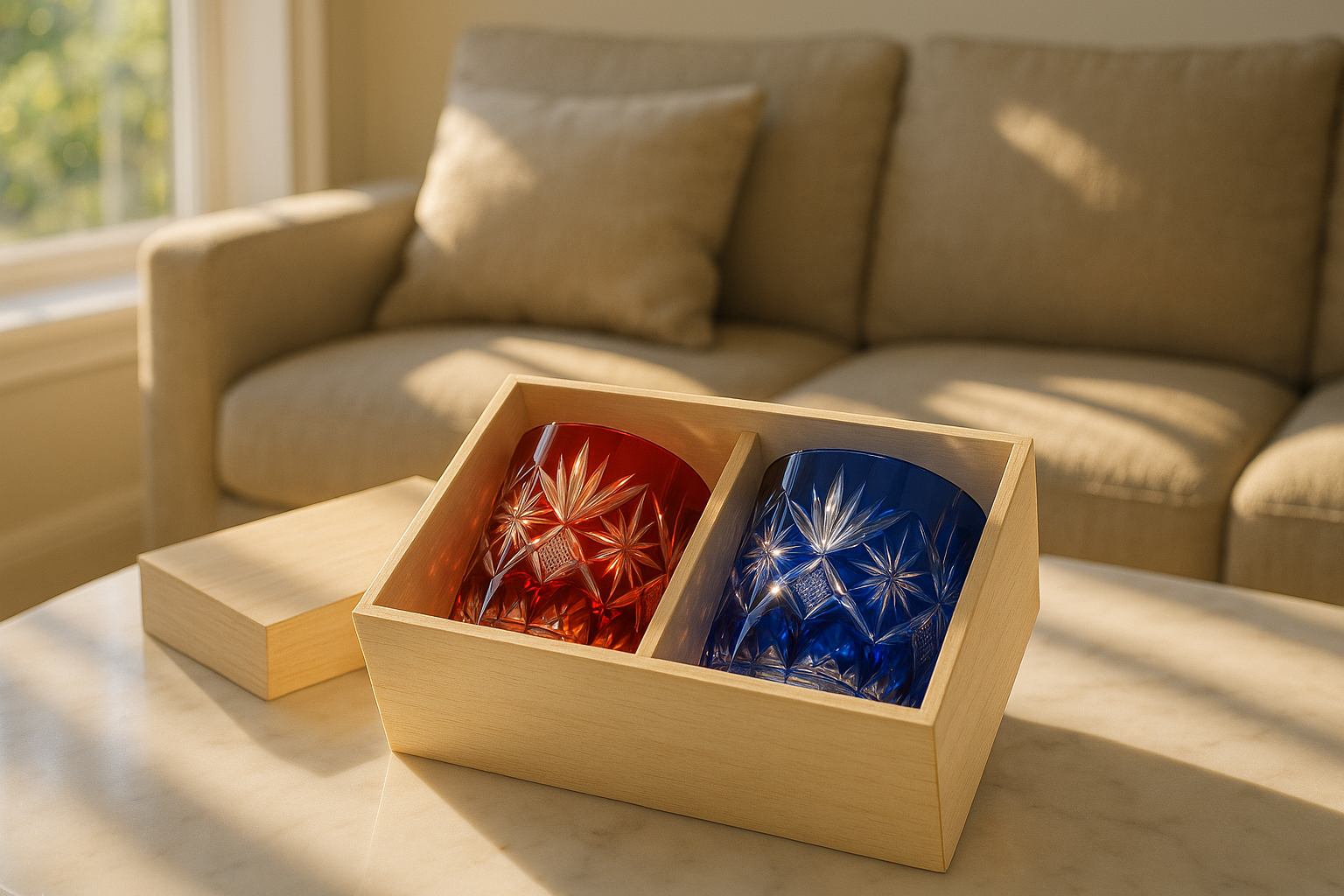 桐箱に入った高級な江戸切子のグラス