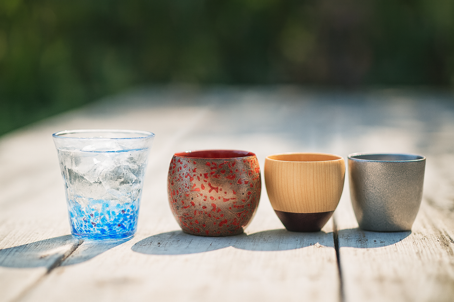 ガラス、陶器、錫、漆器の酒器を並べて比較している様子