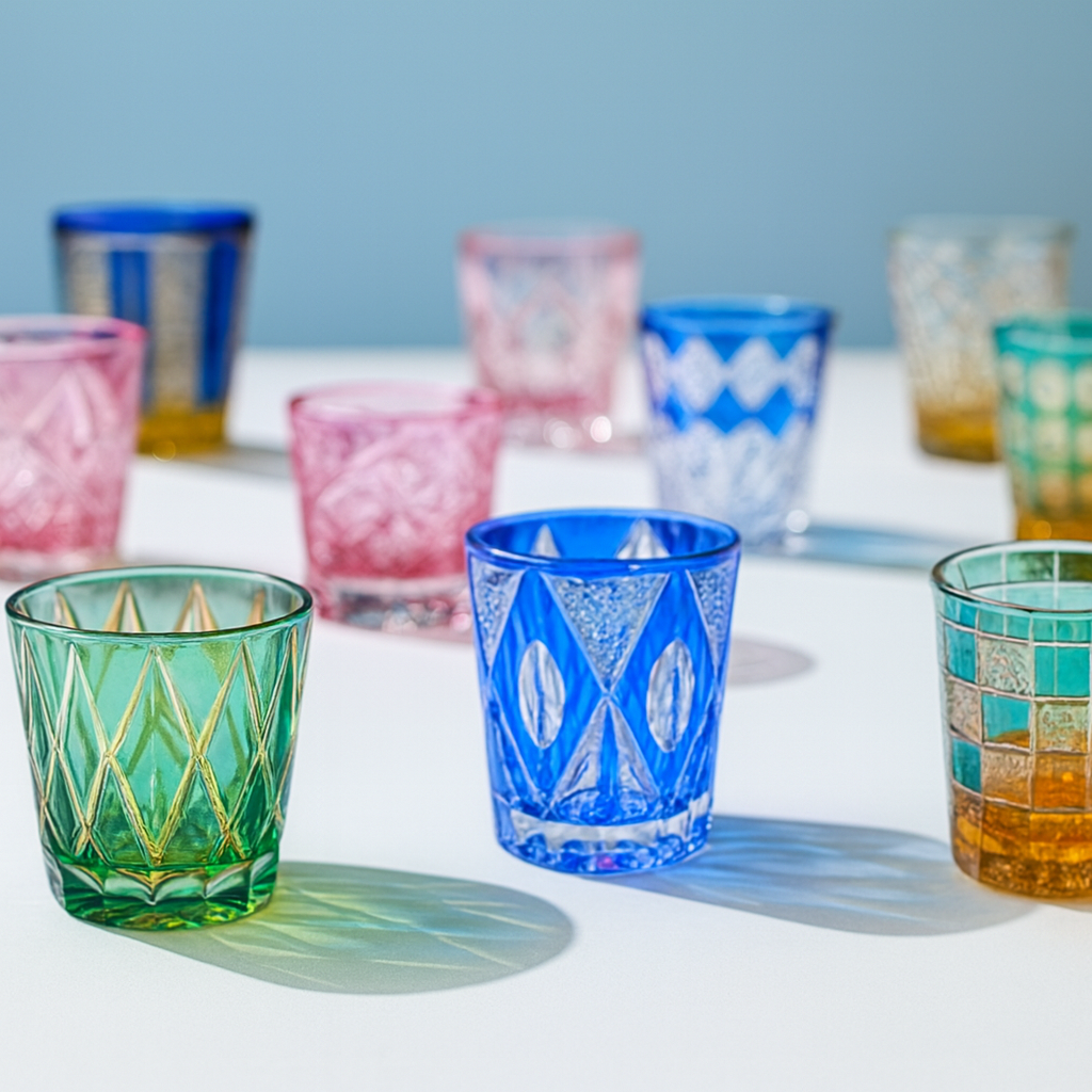 美しいカットが施された江戸切子のグラスと、極薄の薄張りグラス