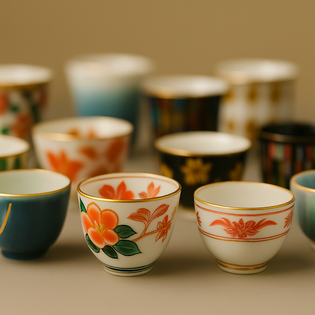 温かみのある陶器のぐい呑みと、鮮やかな絵付けの九谷焼の盃