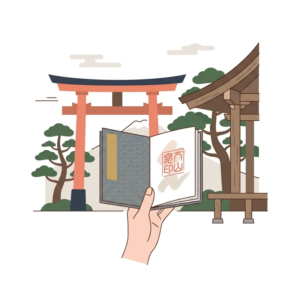 神社の鳥居を背景に御朱印帳を持っているイラスト
