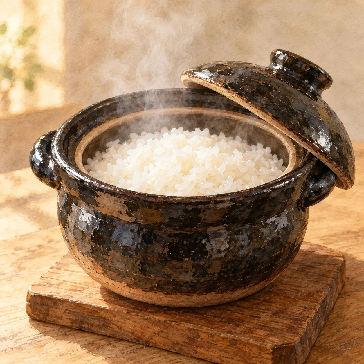 黒い釉の小さな土釜から湯気が立ち、炊きたてのご飯がつやつやと光っている水彩イラスト