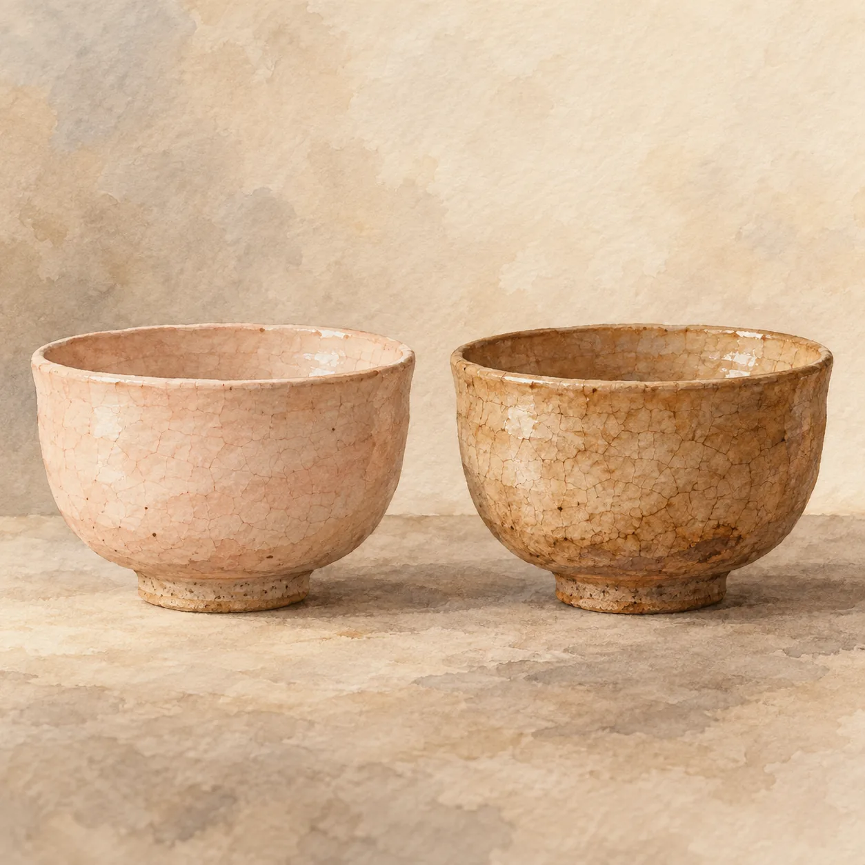 淡い色の萩焼の茶碗と、長く使われて貫入に茶がしみ渋い色になった同じ形の茶碗を並べた水彩イラスト