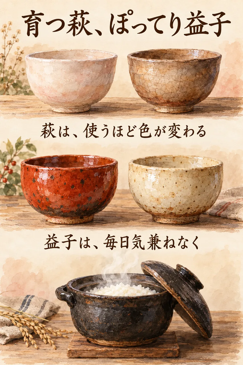 使うほど色が変わる萩焼の茶碗と、柿釉や黒釉の益子焼の鉢と土釜を縦に並べた、萩焼と益子焼のまとめイラスト