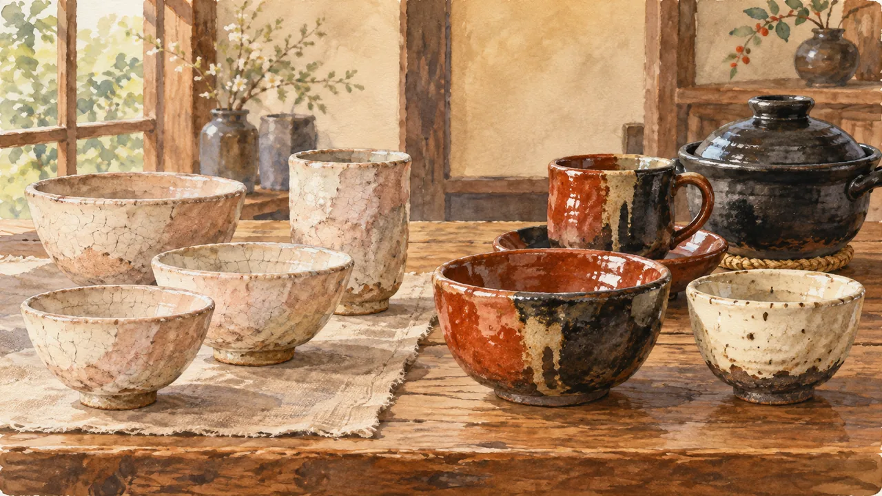 左にやわらかな色の萩焼の茶碗と湯呑、右に柿釉や黒釉の厚手の益子焼の鉢とカップ、土釜を並べた水彩イラスト