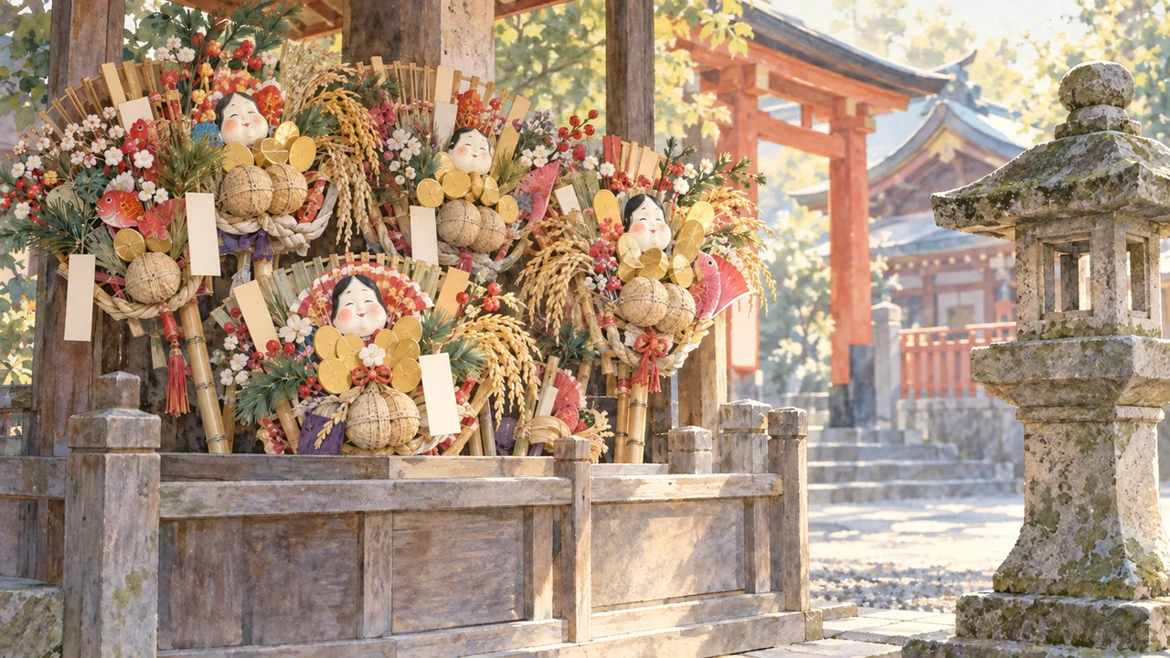 神社の入口の一角に、役目を終えた熊手がいくつも納められている静かな様子を描いた水彩イラスト