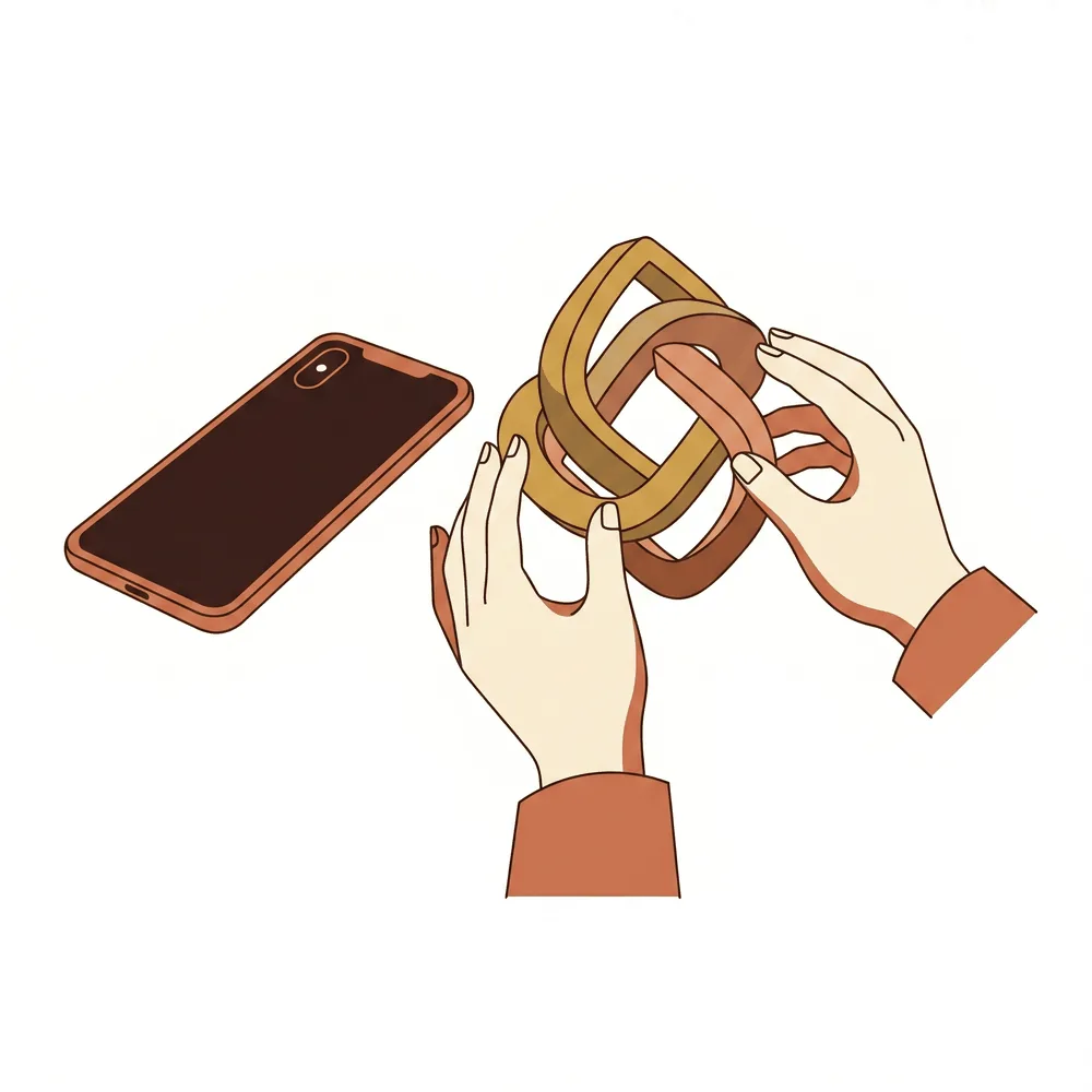 伏せられたスマートフォンの横で、金属パズルを操作する手のイラスト