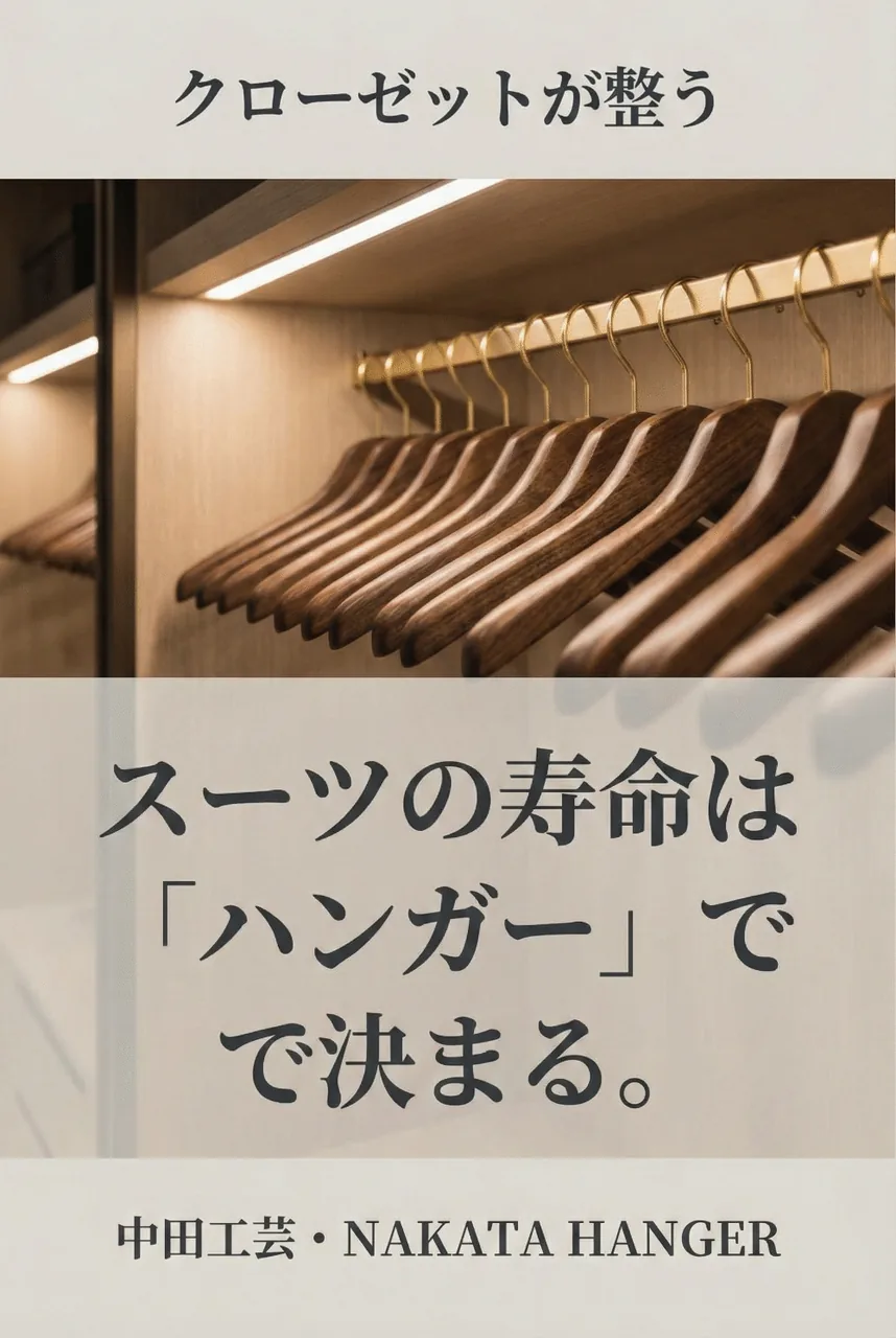 ウォークインクローゼットに整然と並ぶ中田ハンガー。美しいカーブがスーツの形を保っている、上質な空間