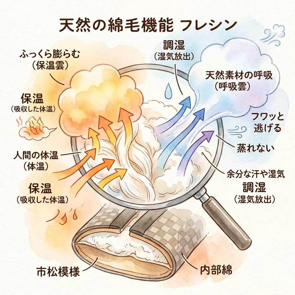 はんてんの中に入っている天然の綿が、体温を吸収してふっくらと膨らみ、湿気を逃がしている様子を示す図解イラスト