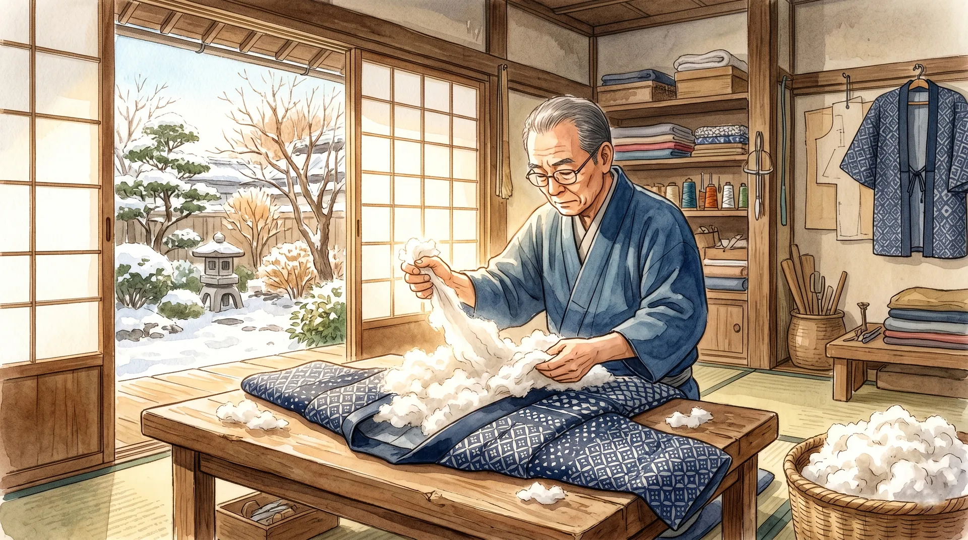 熟練の布団職人が手作業で丁寧に綿をちぎり、はんてんに詰めている様子を描いた水彩画風イラスト
