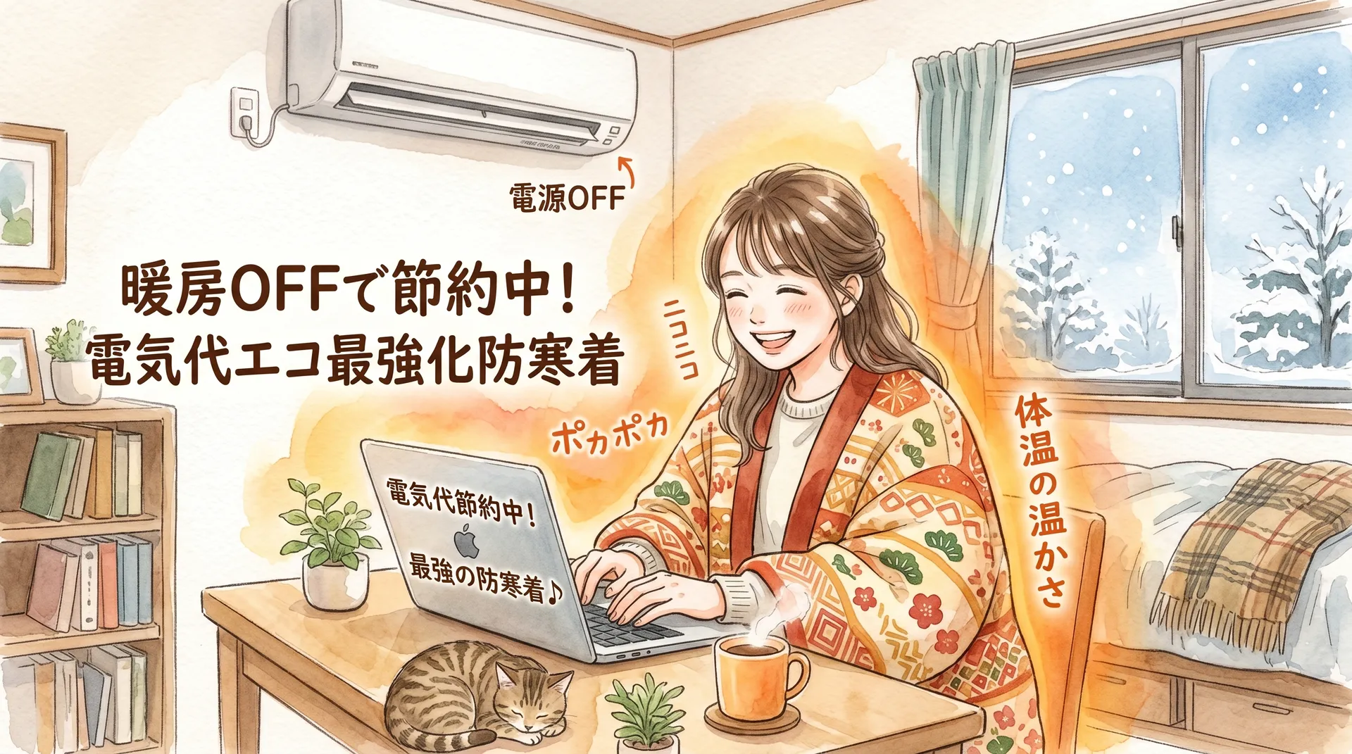 エアコンをつけずに、おしゃれなはんてんを着て温かそうにパソコン作業をしている若者の水彩画風イラスト