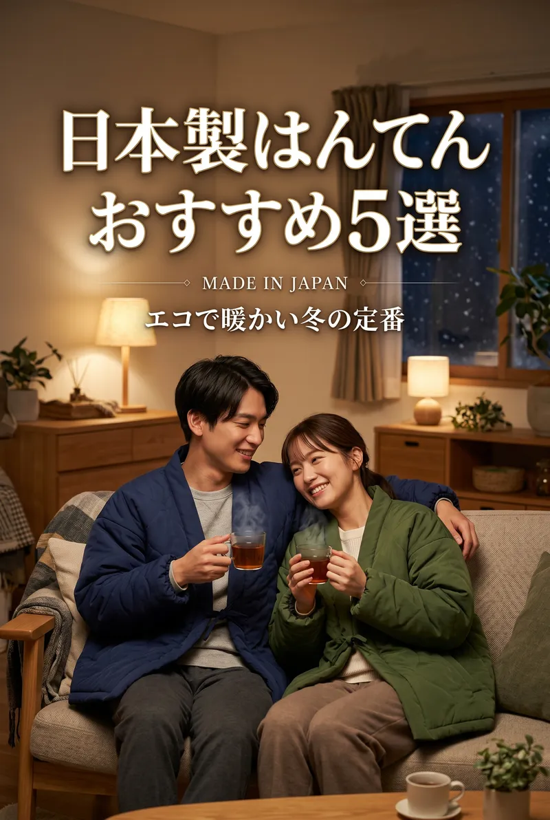 モダンでおしゃれなはんてんを着た家族が、暖房のついていない冬のリビングで温かくリラックスしているまとめイメージ