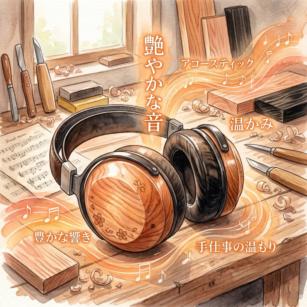 美しい木目が特徴のヘッドホンハウジングと、日本の木工職人の技術を示す図解イラスト