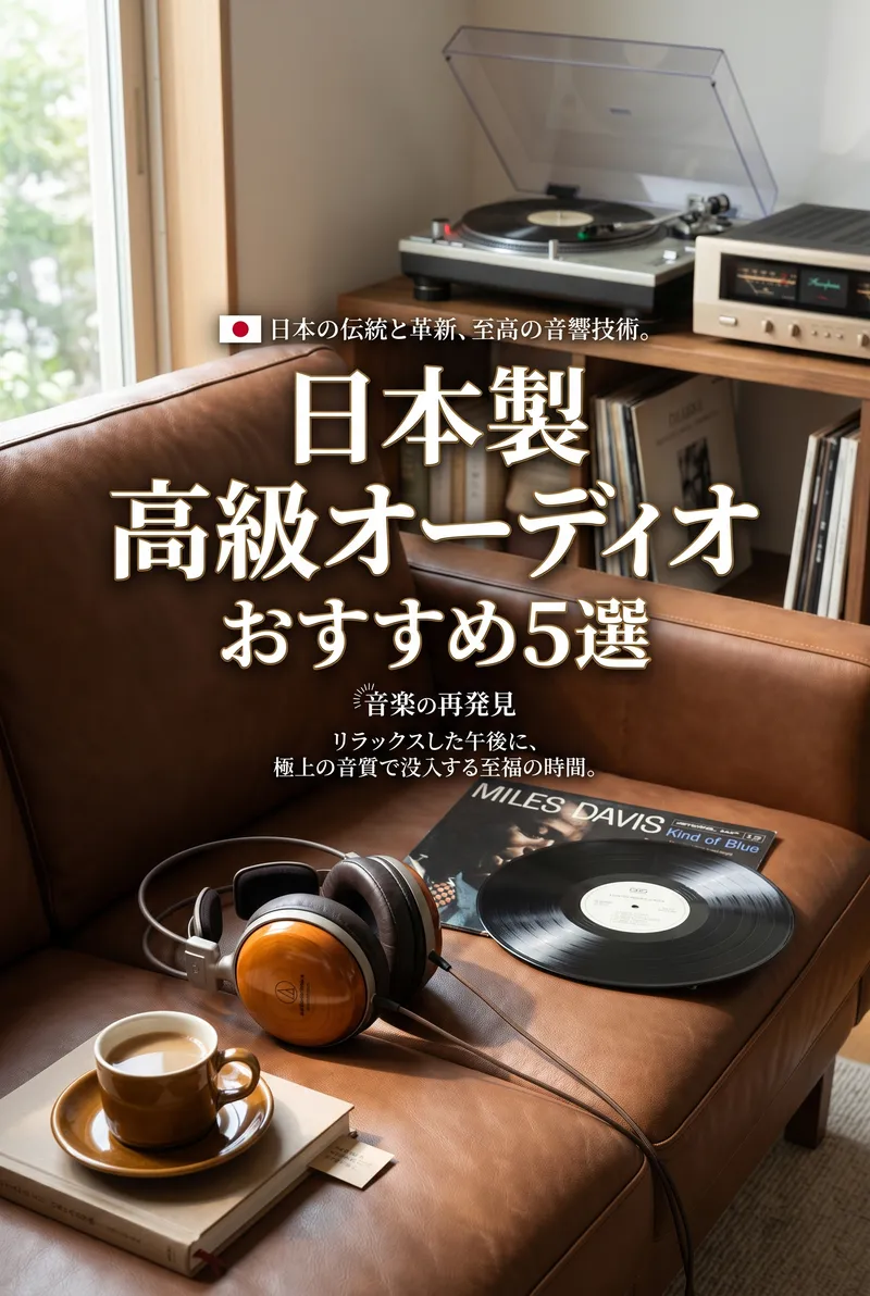 美しい木製のヘッドホンと音楽プレイヤーが置かれたリラックス空間のまとめイメージ