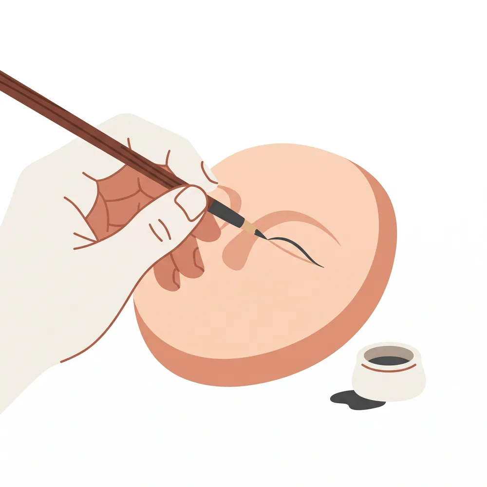 職人が細筆で人形の顔（目や口）を丁寧に描いているイラスト