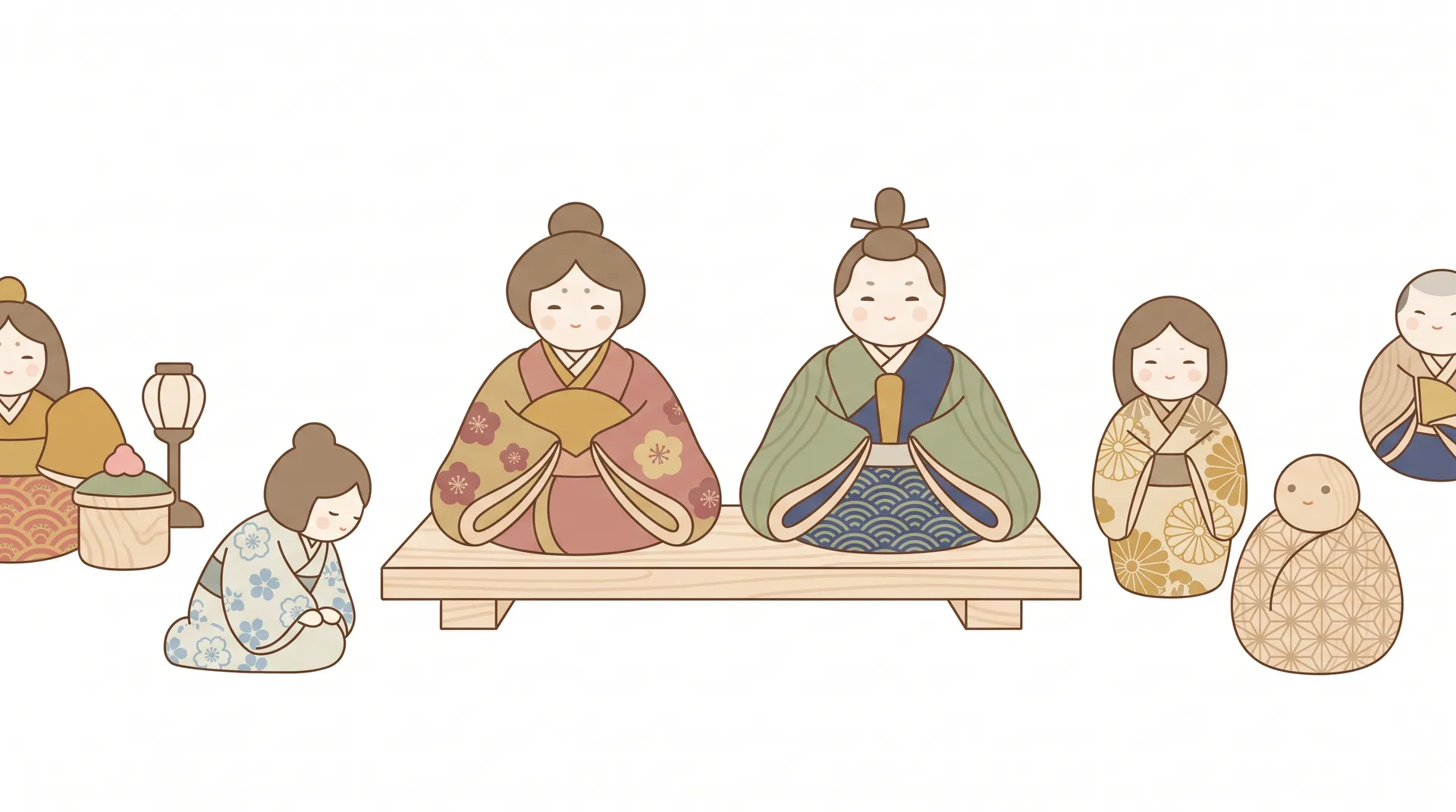 ころんとした丸いフォルムの可愛らしい木目込み人形のイラスト