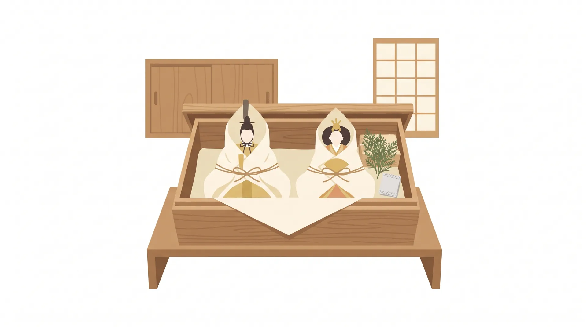 節句人形を通気性の良い和紙で優しく包み、湿気を避けて正しく保管しているイメージのイラスト