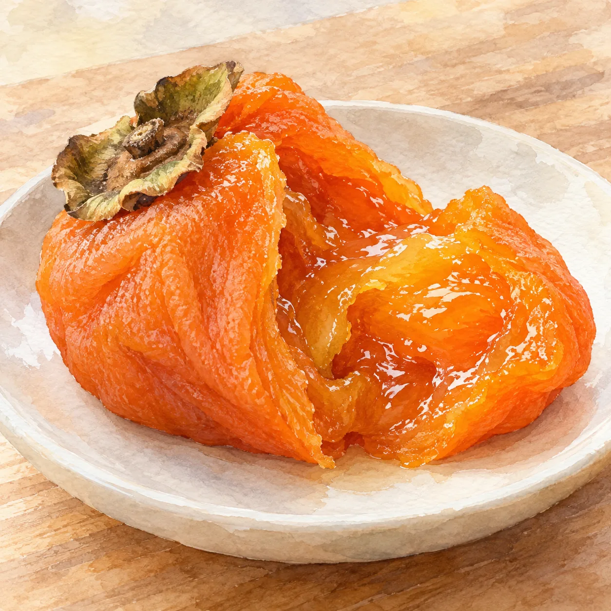 鮮やかなオレンジ色でつやのある半生のあんぽ柿を割り、とろりとした果肉が見えている水彩イラスト