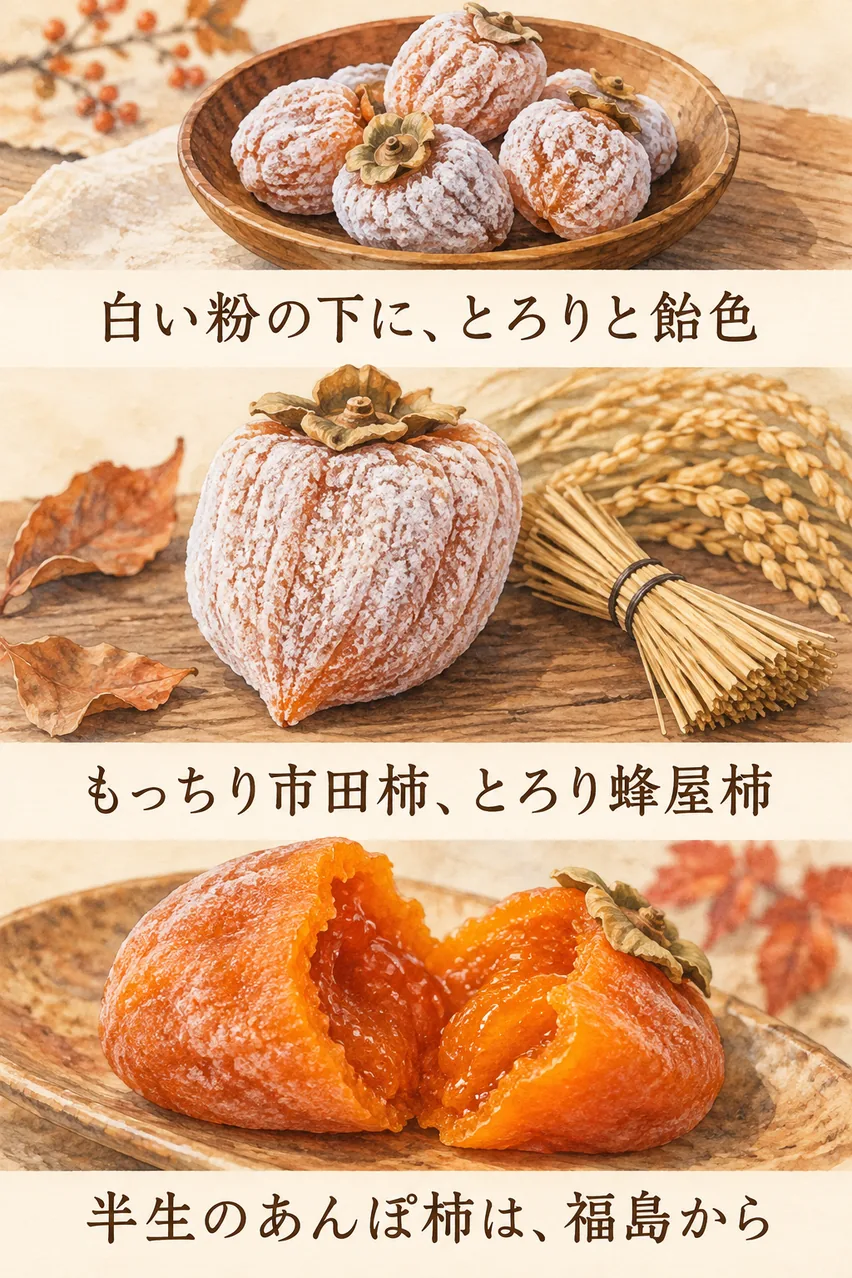 白い粉をまとった小さな市田柿、四角く大きな堂上蜂屋柿、オレンジ色のあんぽ柿を縦に並べた、干し柿のまとめイラスト
