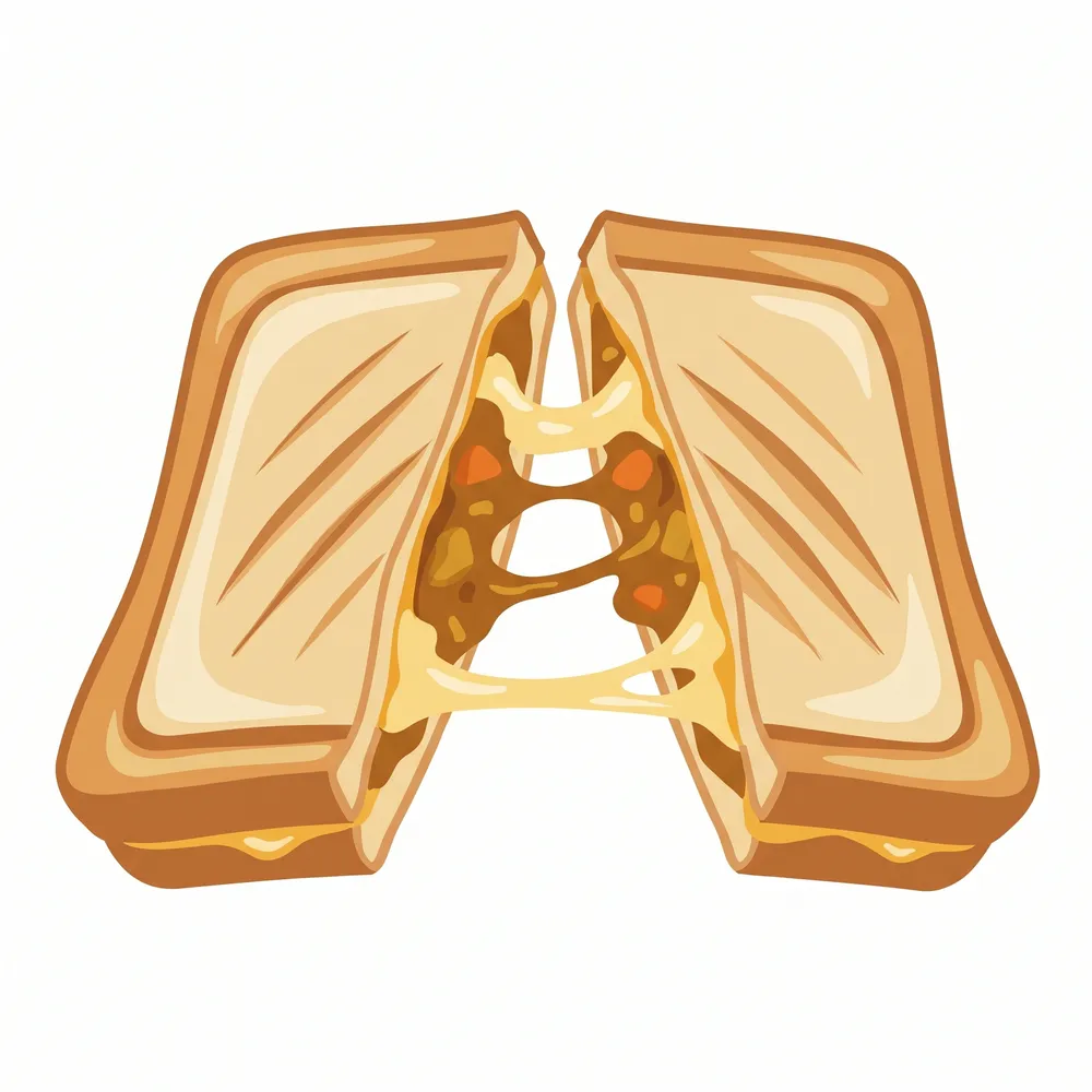 とろけるチーズとカレーが入った熱々のホットサンドを割っているイラスト