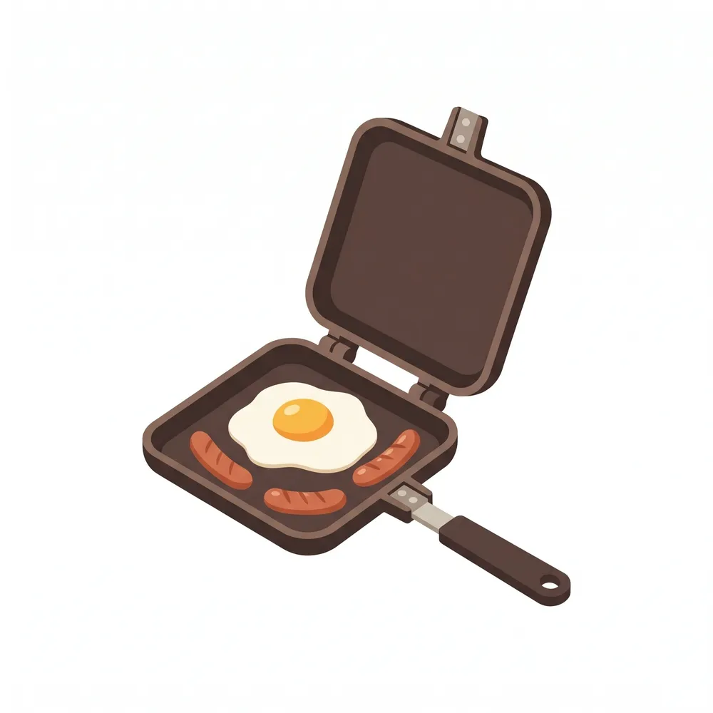 ホットサンドメーカーの上下のプレートがパカッと外れて、片方で目玉焼きを焼いているイラスト