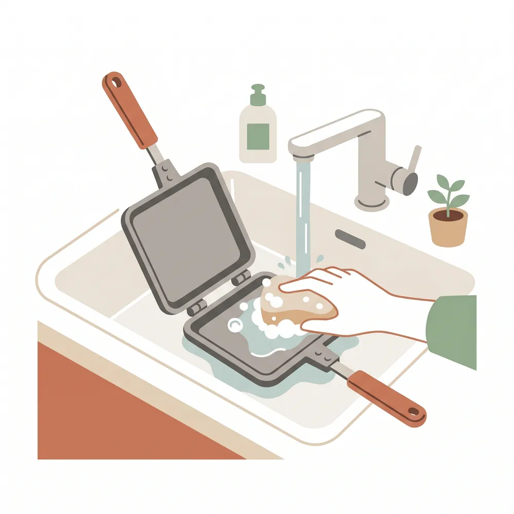 直火式ホットサンドメーカーをシンクでスポンジを使って丸洗いしているイラスト