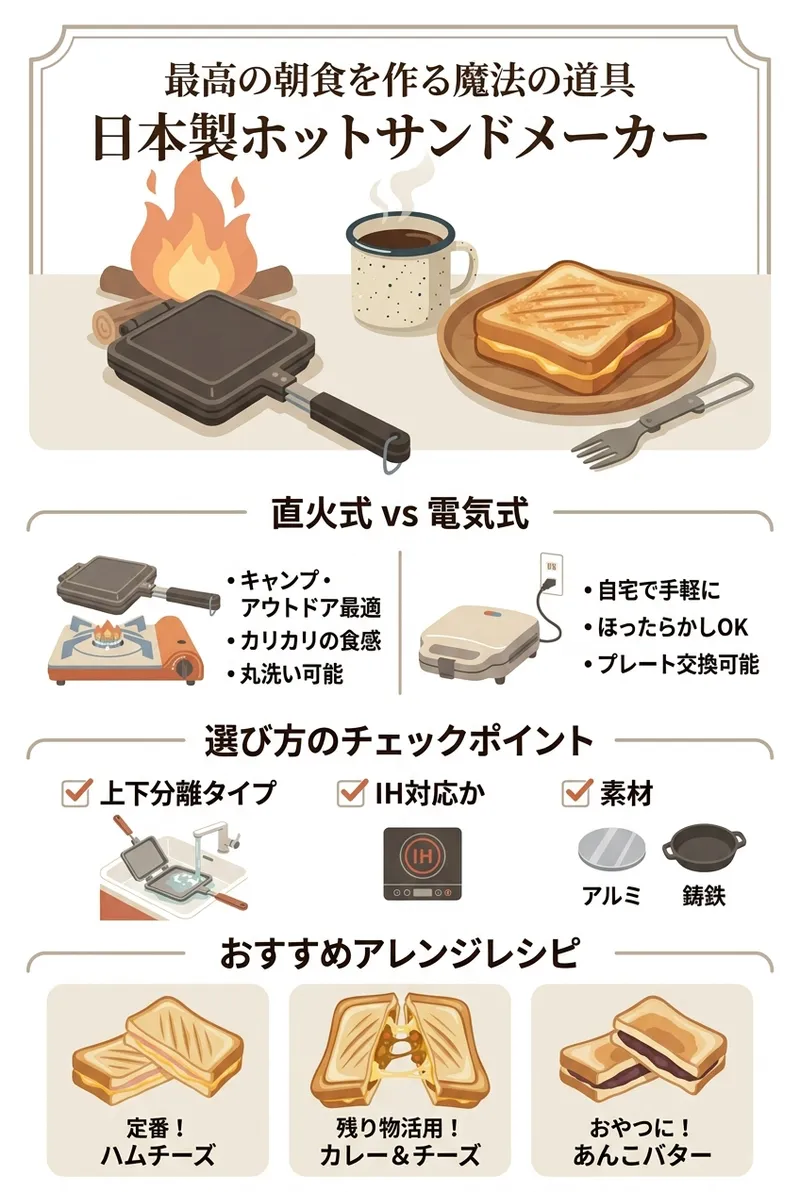 キャンプ場で焚き火を前にホットサンドとコーヒーを楽しむ縦長インフォグラフィックイラスト