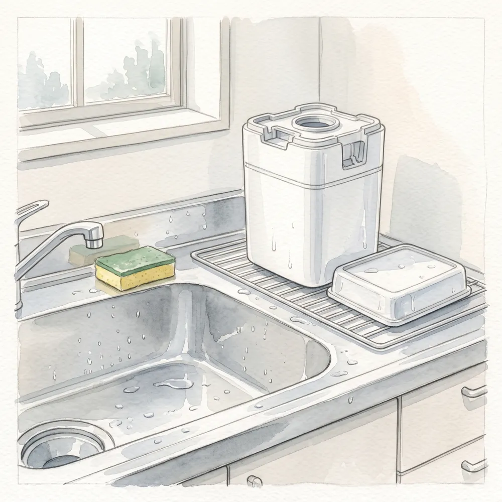 加湿器のタンクとトレイを流しで洗っている様子を描いた水彩イラスト