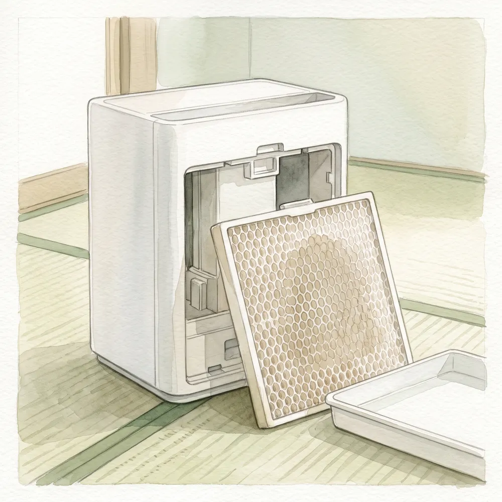 加湿器から引き出した加湿フィルターとトレイを並べた水彩イラスト