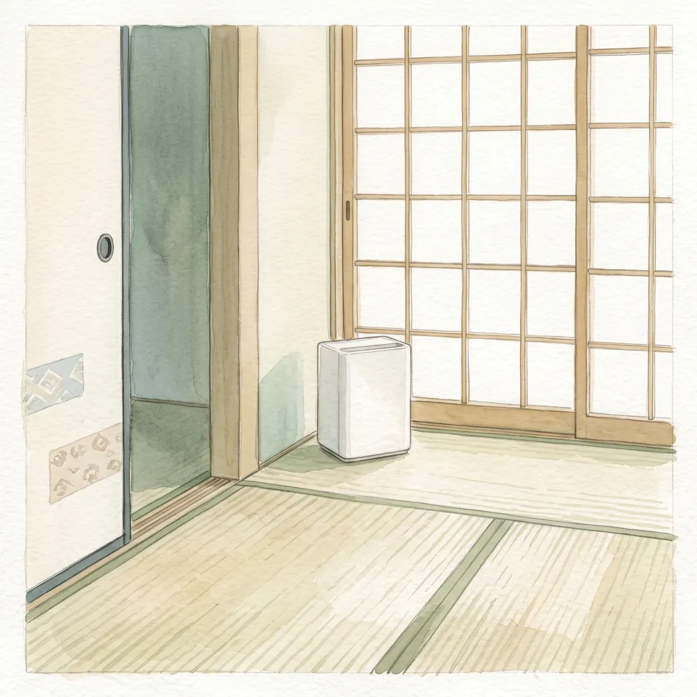 畳の和室の隅に置かれた加湿器を描いた水彩イラスト