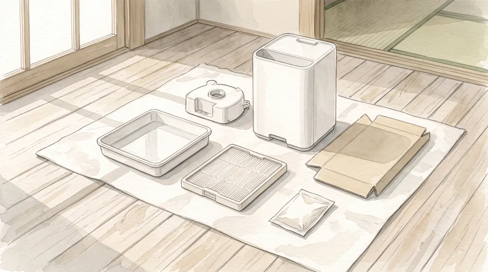 シーズン終わりにクエン酸で加湿器を洗い、乾かしている様子を描いた横長の水彩イラスト