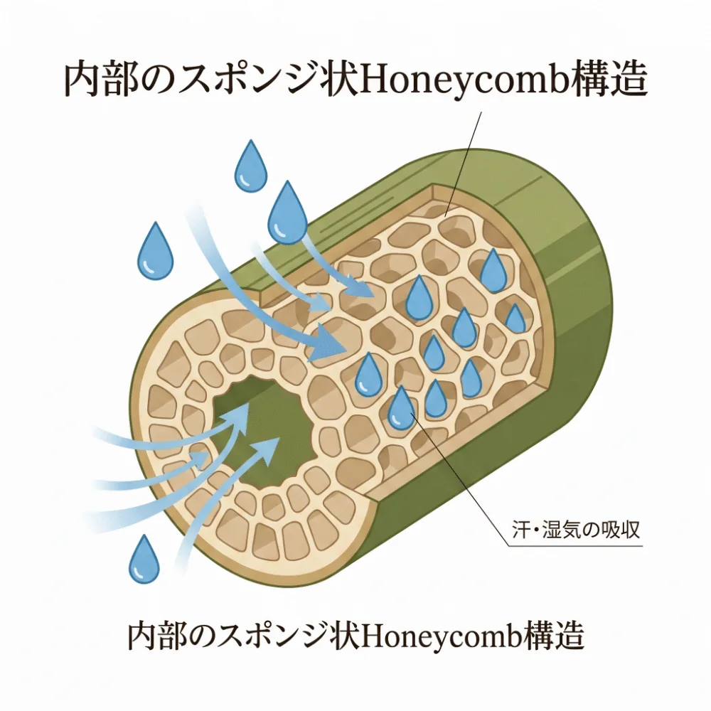 い草の断面図イラスト。スポンジ状の内部が汗の湿気をぐんぐん吸収している様子