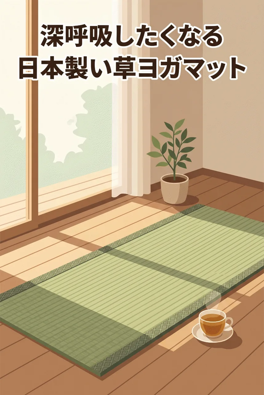 窓から差し込む優しい光の中、美しい柄のい草ヨガマットを敷いて瞑想する女性の縦長インフォグラフィック
