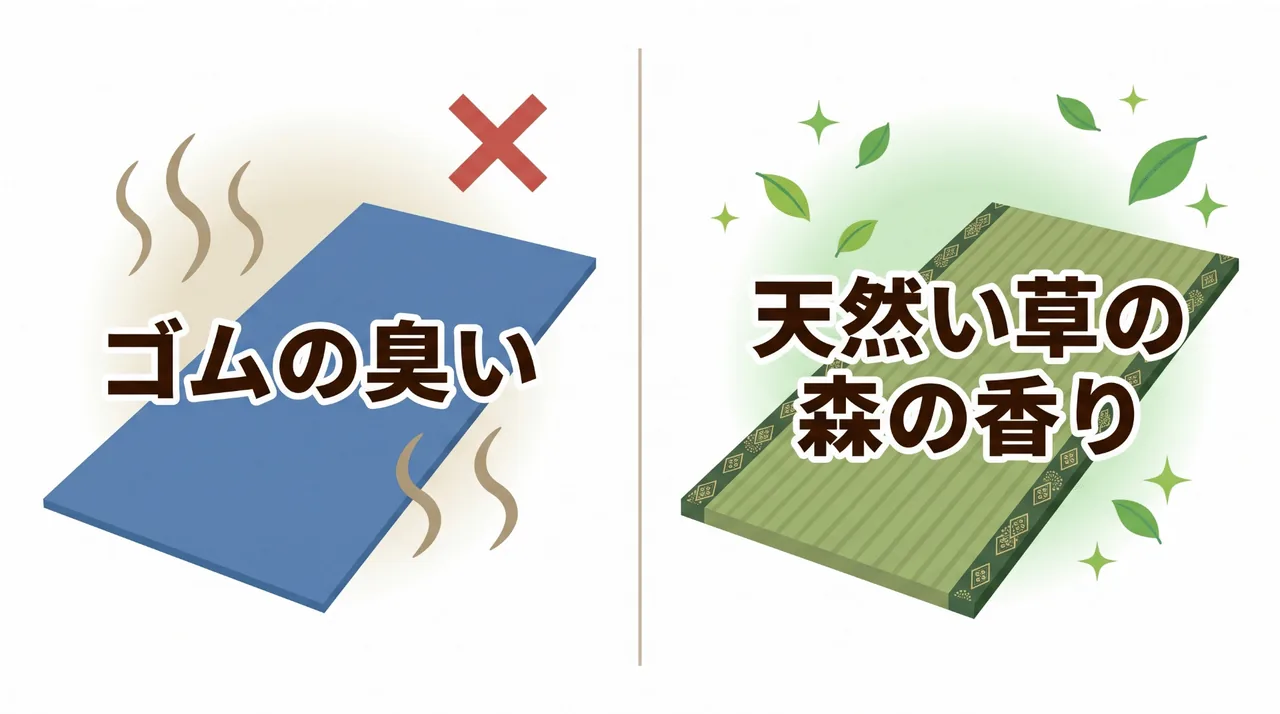 一般的な化学繊維のヨガマットと、天然い草のヨガマットの比較イラスト。い草からはフィトンチッドの香りが出ている表現