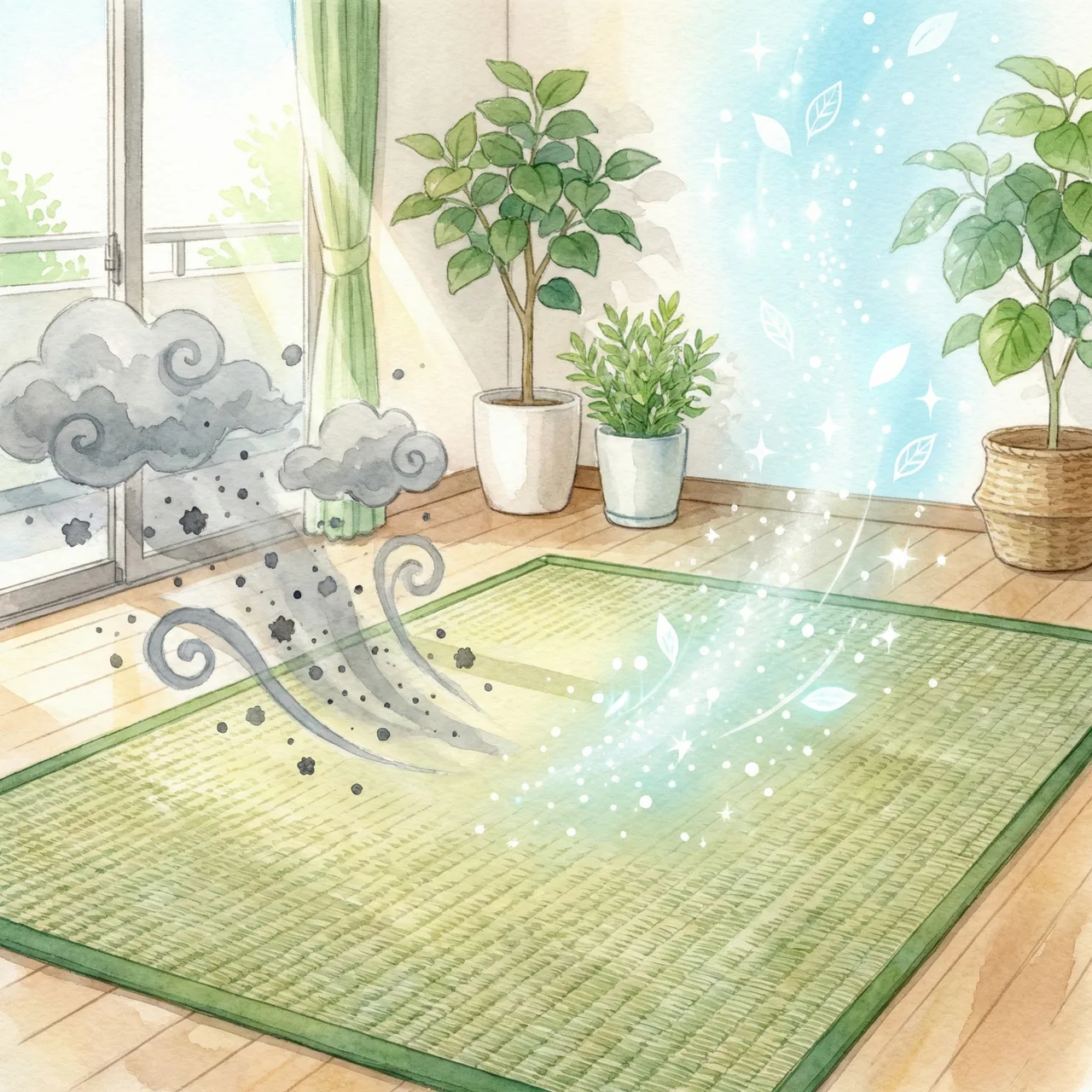 い草ラグが部屋の空気中の有害物質や臭いを吸着しているイメージイラスト