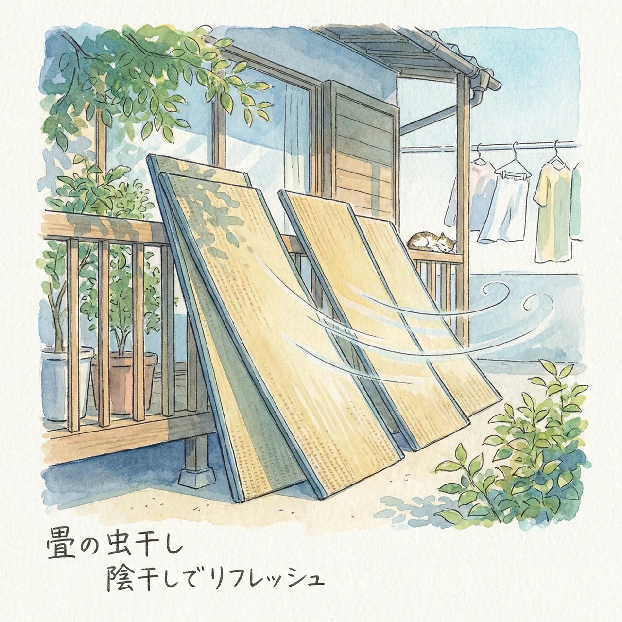 置き畳を立てかけて陰干しをし、風を通しているイラスト