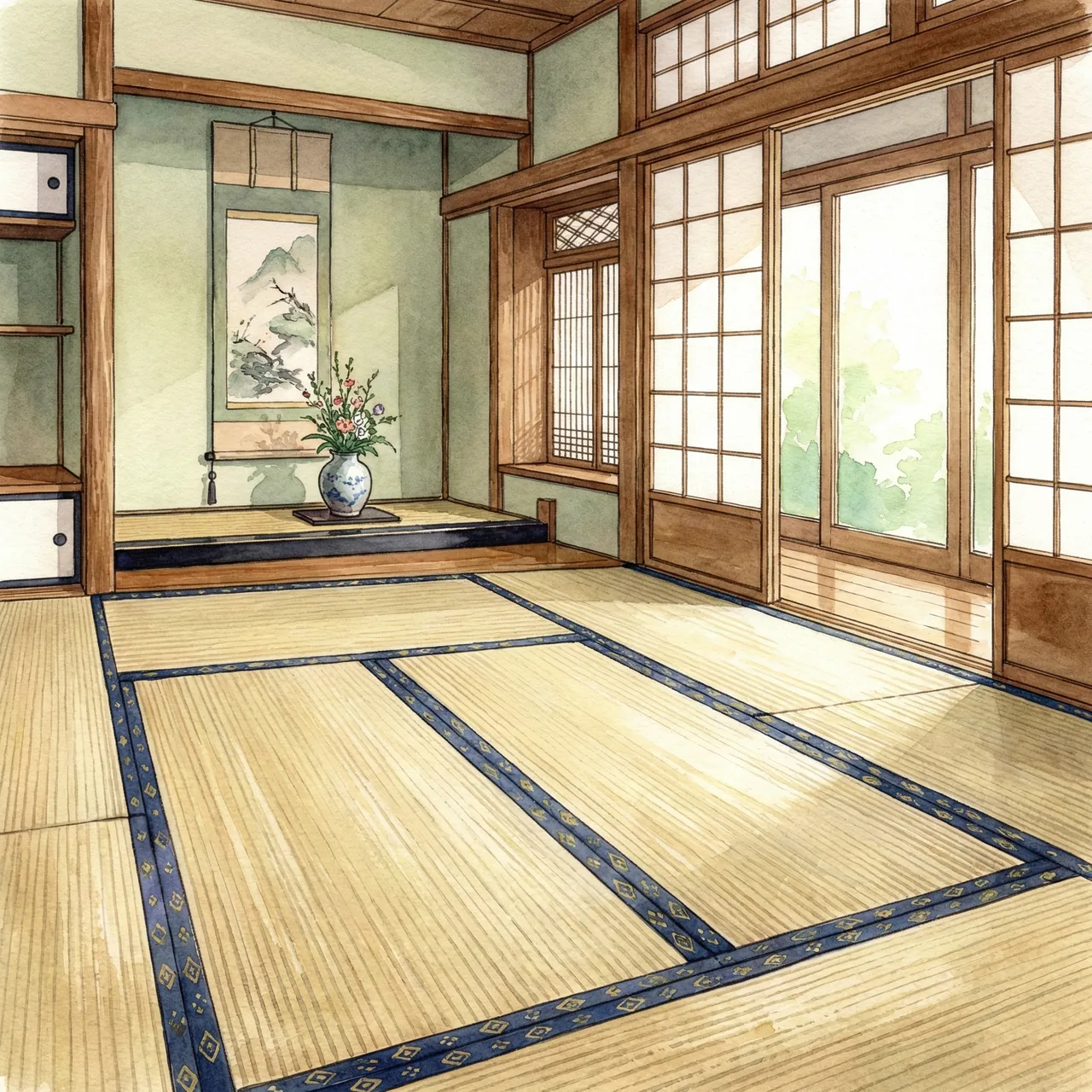縁のある伝統的な畳のデザインと、落ち着いた和空間のイラスト