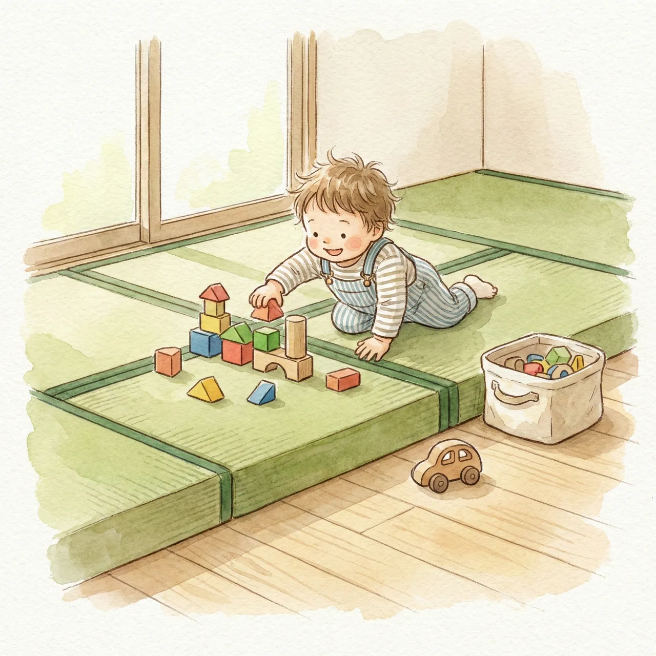 フローリングの上に厚みのある置き畳を敷いて子供が遊んでいるイラスト