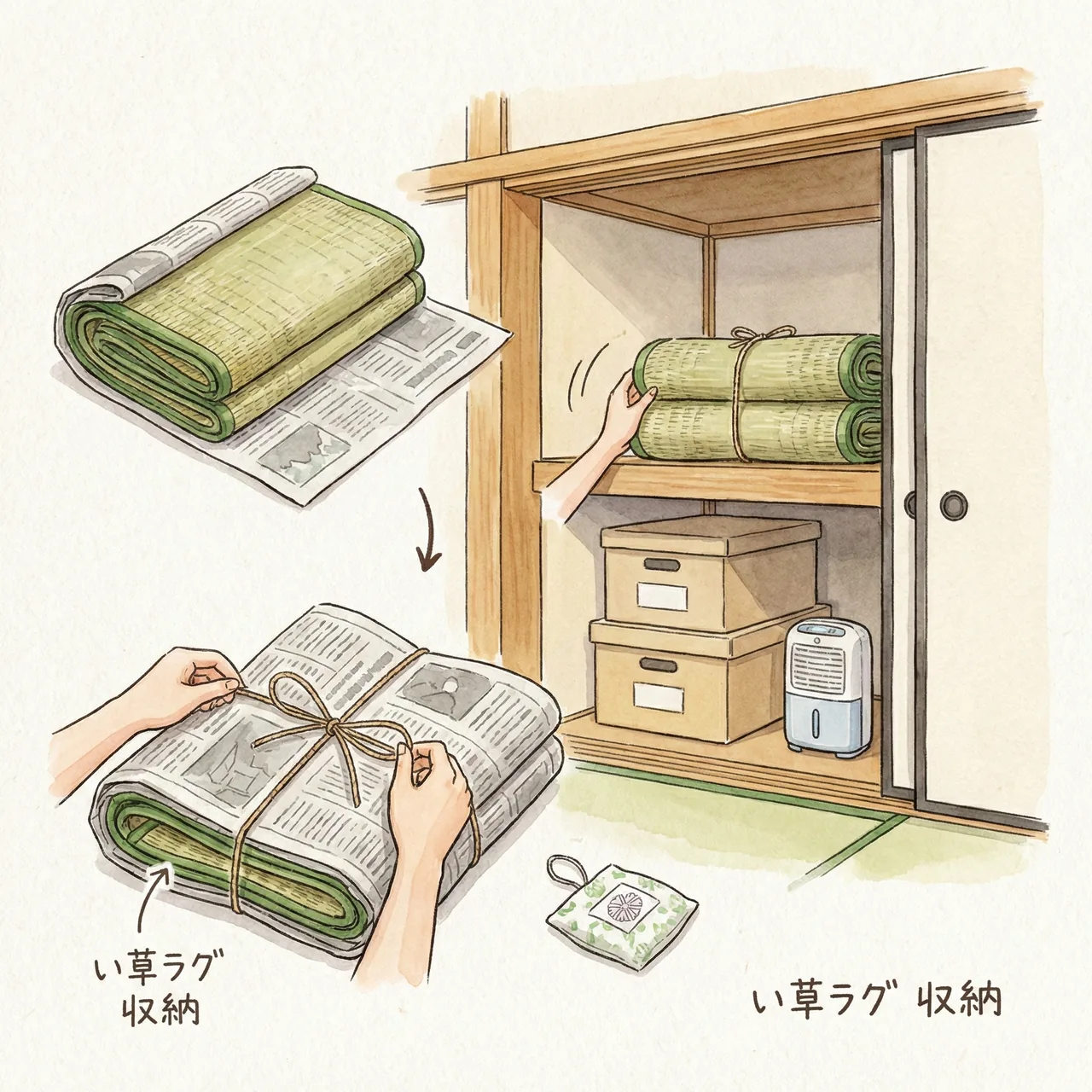 畳んだい草ラグや置き畳を新聞紙などで包んで収納しているイラスト