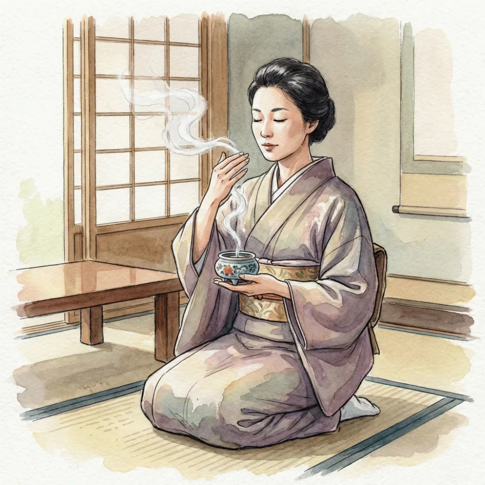 目を閉じて、手でお香の香りをそっと鼻元へ寄せている「聞香」の仕草のイラスト