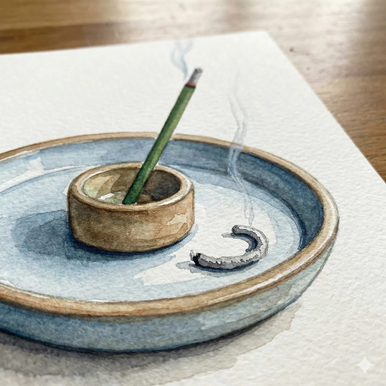 香皿の内側に灰が落ちるように角度を調整して香立てにセットしているイラスト