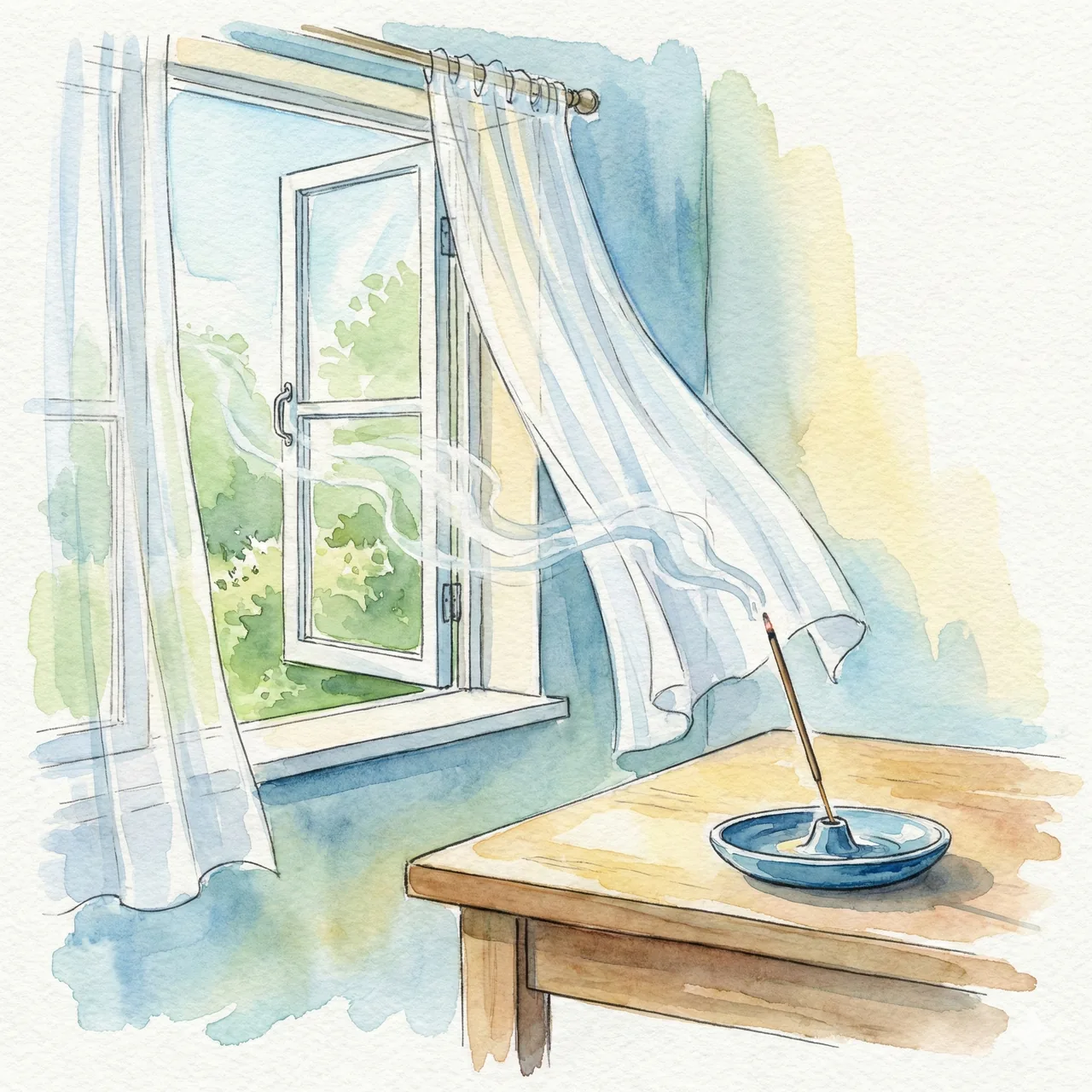 窓を少し開けて風の通り道を作り、お香を楽しんでいる部屋のイラスト