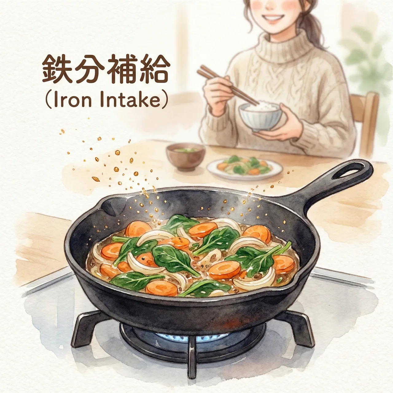 鉄フライパンでの調理で鉄分が溶け出し、健康的な食事になるイメージイラスト