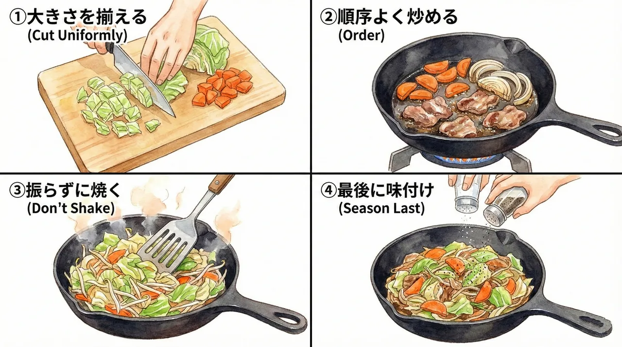 野菜炒めの手順4コマ：①具材の大きさを揃える、②硬い野菜から焼く、③振らずに焼き付ける、④最後に塩を振る