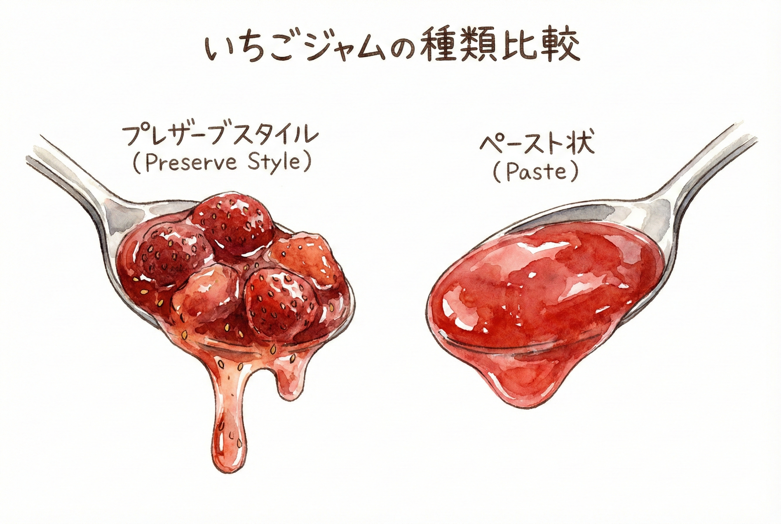 ペースト状ジャムとプレザーブスタイルの果肉感比較イラスト